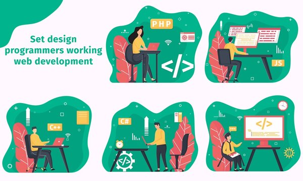 Illustration vector Set of programmers working on web development on computers. Concept of script coding and programming in PHP, javascript, other languages. Software developers.
