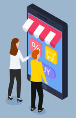 Woman and man buying clothes or food through smartphone, online shopping app vector. Sale or discount, web payment and e-commerce, customers. Buying or purchasing goods, mobile gadget illustration
