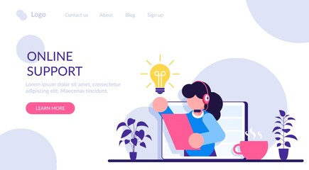 Online technical support 24-7. Concept customer and operator. Female hotline operator advises client. Online assistant, virtual help service. Modern flat illustration.
