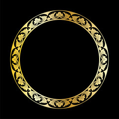 Floral round gold frame. Vintage festive banner. Vector illustration.