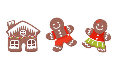 Gingerbread Figures with House and Man Vector Set