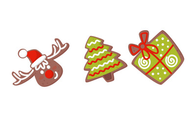 Gingerbread Figures with Gift Box and Fir Tree Vector Set