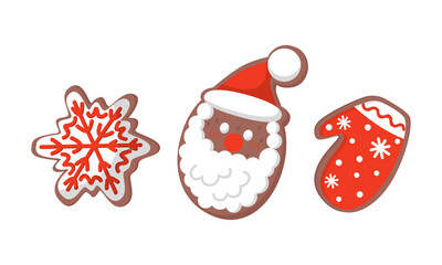 Gingerbread Figures with Mitten and Snowflake Vector Set
