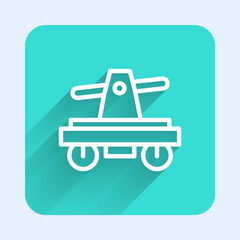 White line Draisine handcar railway bicycle transport icon isolated with long shadow. Green square button. Vector.