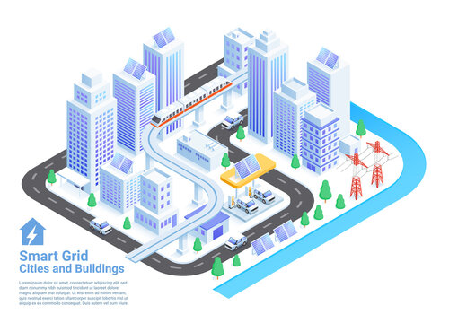 Smart grid cities and buildings isometric vector illustrations.