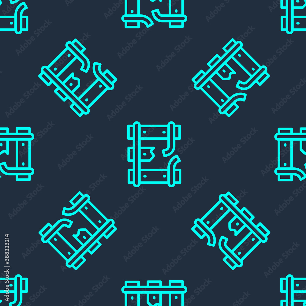 Poster green line broken or cracked rails on a railway icon isolated seamless pattern on blue background. v