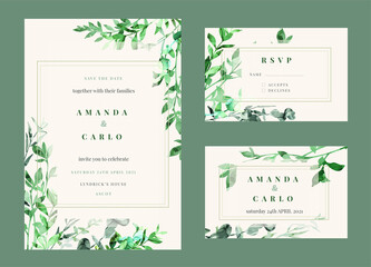 Fototapeta na wymiar Wedding invitation kit decorated with hand painted green botanicals