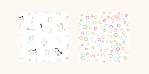 Different Colorful abstract patterns. Various Hand drawn Multicolored Circles and Color arrows. Contemporary modern trendy Vector Seamless patterns. Perfect for textile prints, kids design