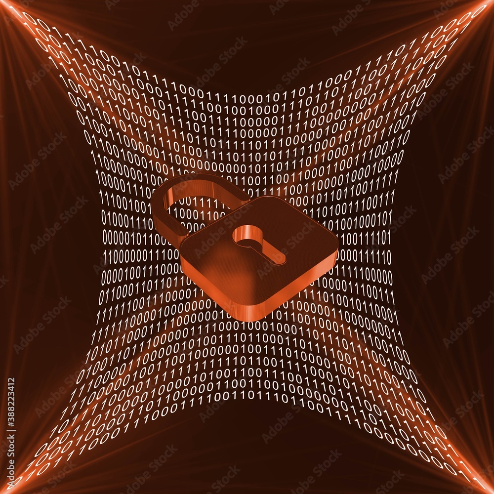 Poster abstract futuristic square graphic - shaped surface of white binary code on red background with ligh