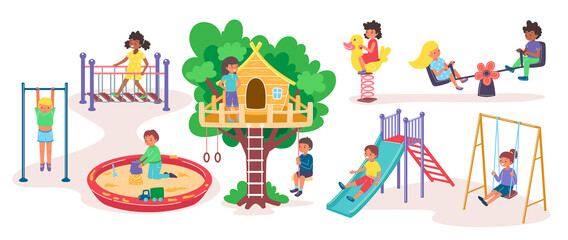 Naklejka premium Children and kids playground in park, summer entertainment outdoor elements set of vector illustrations. Kids bars and swings, walking park.