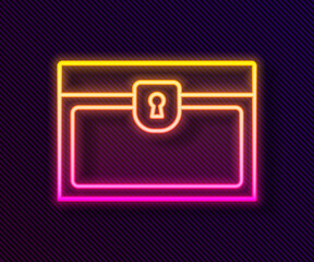 Glowing neon line Antique treasure chest icon isolated on black background. Vintage wooden chest with golden coin. Vector.
