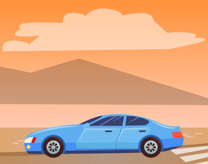 Fototapeta na wymiar Blue small car, sedan on road. Vehicle rides in countryside. Automobile to drive and get your destination quickly. Mountains on sunset, landscape background. Vector illustration in flat style