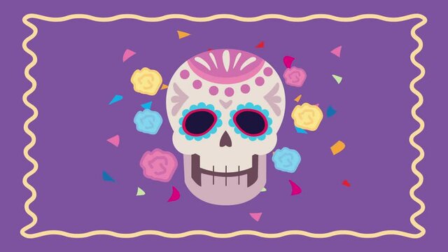 dia de los muertos animation with head skull and floral decoration