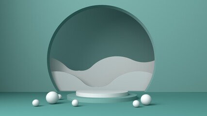 Minimal scene with podium and abstract background. Pastel Green and white colors scene. Trendy 3d render for social media banners, promotion, cosmetic product show. Geometric shapes interior.