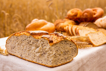 lot of different flavored bread, wheat, rye, on the table in the field outside
