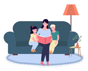 Mother reading a story to children, happy family, fairy tale, vector graphics. Child care, parenting. Mom sitting with son and daughter on the sofa in the room and reading a book, bedtime story