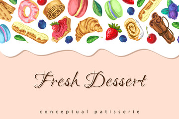 vector background with flowing cream, sweets and dessert on pink. cute bakery pastry banner with berries, dripping yogurt or melted chocolate and place for text. menu, package, business card design.