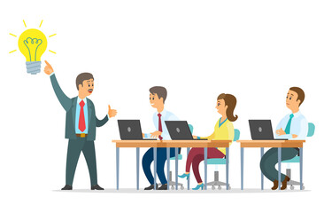 Best business idea vector illustration. Team leader presents an idea. People office workers generate development activities and ideas. Marketing strategy concept, business team develops solutions