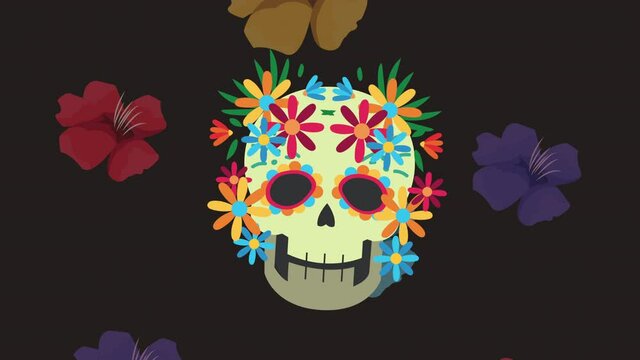 dia de los muertos animation with head skull and floral pattern