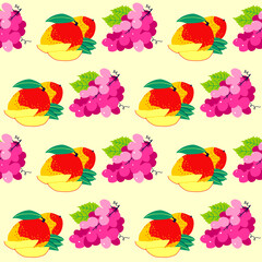 Pattern grapes pink and mango, hand drawn vector illustration