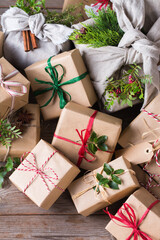 Creative zero waste Christmas concept, handmade gift boxes