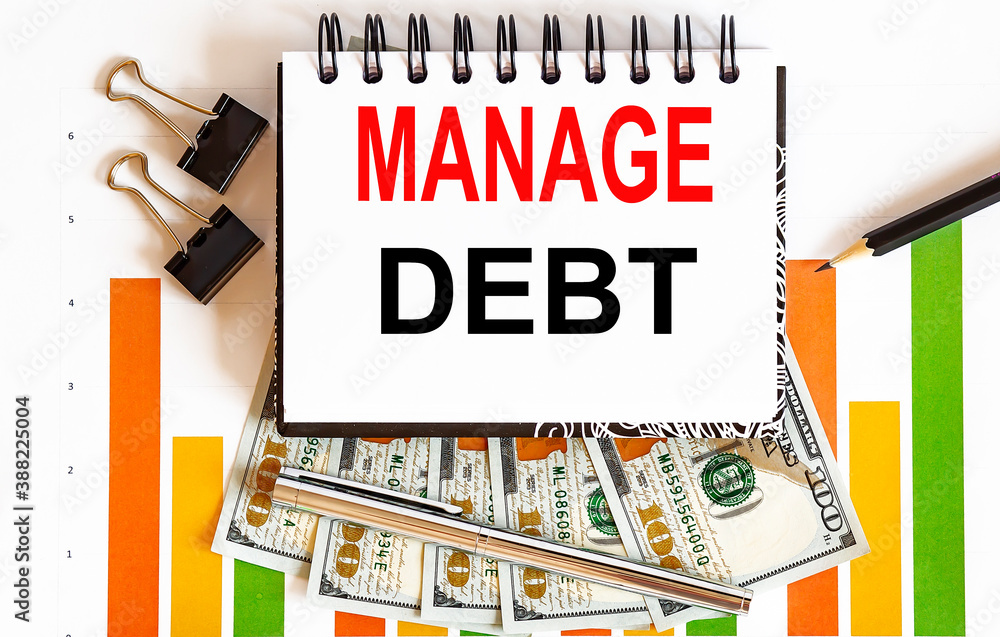 Poster notebook with tools and notes about manage debt ,business concept