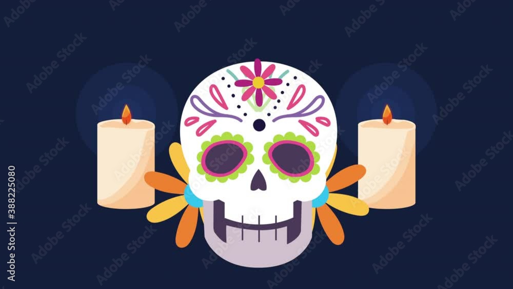 Wall mural dia de los muertos animation with head skull and candles