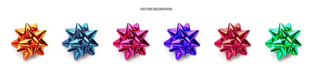 Set of neon bows, pink, blue, violet, green, orange, red color metallic with shadow on isolated white background. Realistic vector decoration for holiday © Jukov studio