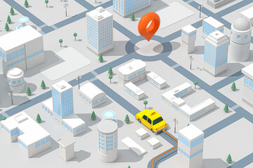 Obraz premium Mini-city with a taxi, transportation background, 3d rendering.