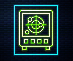 Glowing neon line Radar with targets on monitor in searching icon isolated on brick wall background. Search system. Navy sonar. Vector.