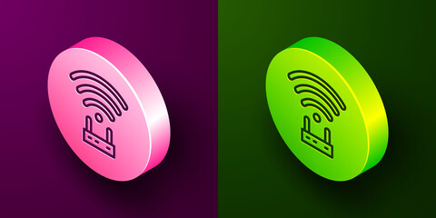 Isometric line Router and wi-fi signal icon isolated on purple and green background. Wireless ethernet modem router. Computer technology internet. Circle button. Vector.