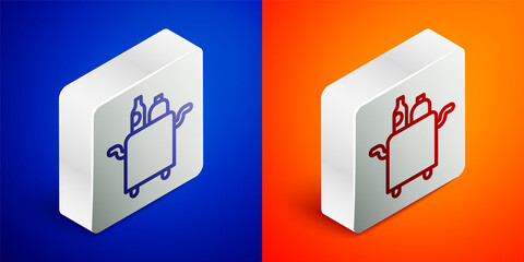 Isometric line Trolley for food and beverages icon isolated on blue and orange background. Silver square button. Vector.