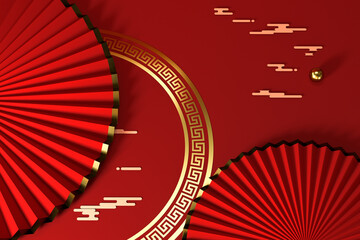 Red Chinese style fan, traditional decoration, 3d rendering.