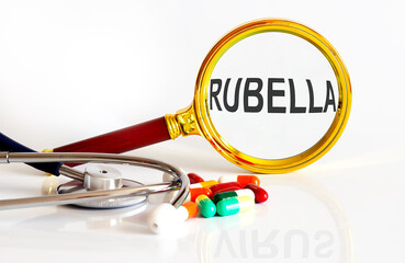 Magnifying lens with text RUBELLA with medical tools