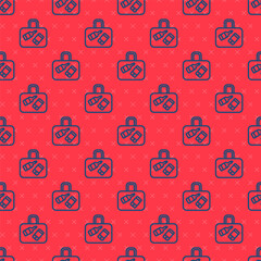 Blue line Suitcase for travel icon isolated seamless pattern on red background. Traveling baggage sign. Travel luggage icon. Vector.