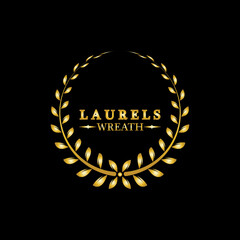 Gold laurel wreath. Symbol of victory and achievement. Design element for decoration of medal, award, coat of arms or anniversary logo. Golden leaf silhouette on black background. Vector illustration
