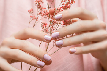 Female hands with pink nail design. Pink nail polish manicure. Woman hands hold pink flowers. - obrazy, fototapety, plakaty