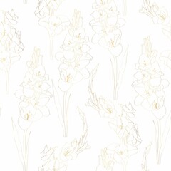Floral Seamless pattern. Gold Gladiolus flowers and leaves. Textile composition, hand drawn style print. 