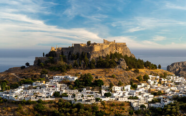panoramic view of Lindos - village, fortress and Acropolis, Rhodes, Greece