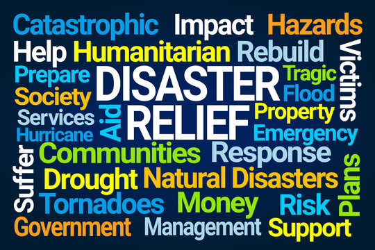 Disaster Relief Word Cloud On Blue Background