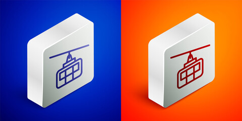 Isometric line Cable car icon isolated on blue and orange background. Funicular sign. Silver square button. Vector.