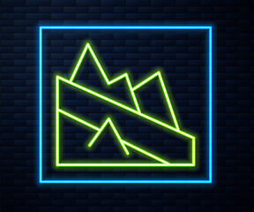 Glowing neon line Mountain descent icon isolated on brick wall background. Symbol of victory or success concept. Vector.