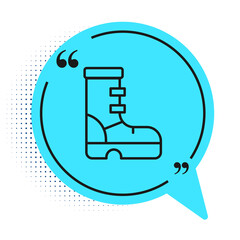 Black line Waterproof rubber boot icon isolated on white background. Gumboots for rainy weather, fishing, gardening. Blue speech bubble symbol. Vector.