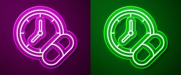 Glowing neon line Medicine pill or tablet icon isolated on purple and green background. Capsule pill and drug sign. Pharmacy design. Vector.