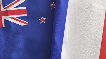 France and New Zealand two flags textile cloth 3D rendering