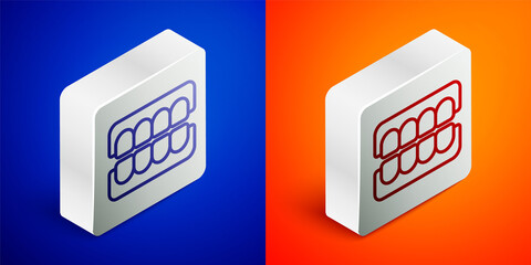 Isometric line False jaw icon isolated on blue and orange background. Dental jaw or dentures, false teeth with incisors. Silver square button. Vector.