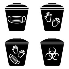 Biohazard waste disposal. Bin, with the symbol of infectious waste. Disposal of medical supplies. Garbage sorting vector icon set. Trash can with Biohazard medical gloves and mask symbol
