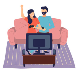 Frandly family playing video games. Man and woman gaming with gamepad controller, holding joystick in hands flat design. Family weekend, couple spend time together playing a computer game at home