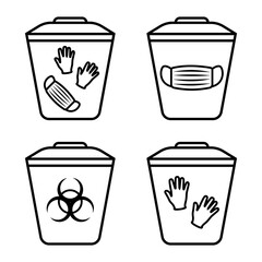 Biohazard waste disposal. Bin, with the symbol of infectious waste. Garbage sorting vector icon. Trash can with Biohazard medical gloves and mask symbol. Editable stroke. Outline. Vector