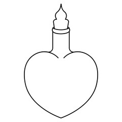 A vial of love potion. Sketch. Heart shaped bottle. Vector illustration. Coloring book for children. Outline on an isolated white background. Witch elixir in a vessel. Halloween symbol. 